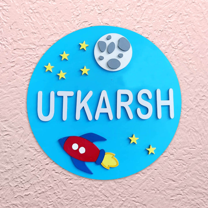 Painted Name Plate For Kids Moon Spaceship - Front View with Name Personalization
