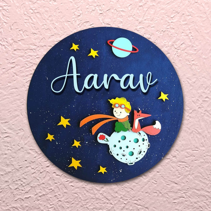Quirky Painted Nameboard Space Theme for Kids - Young Astronaut & Fox