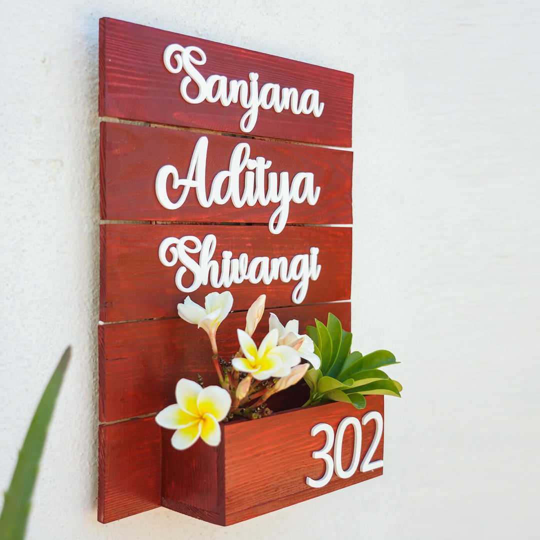 Handcrafted Planter Nameboard Three Names - Wall Mounted with Flower Box