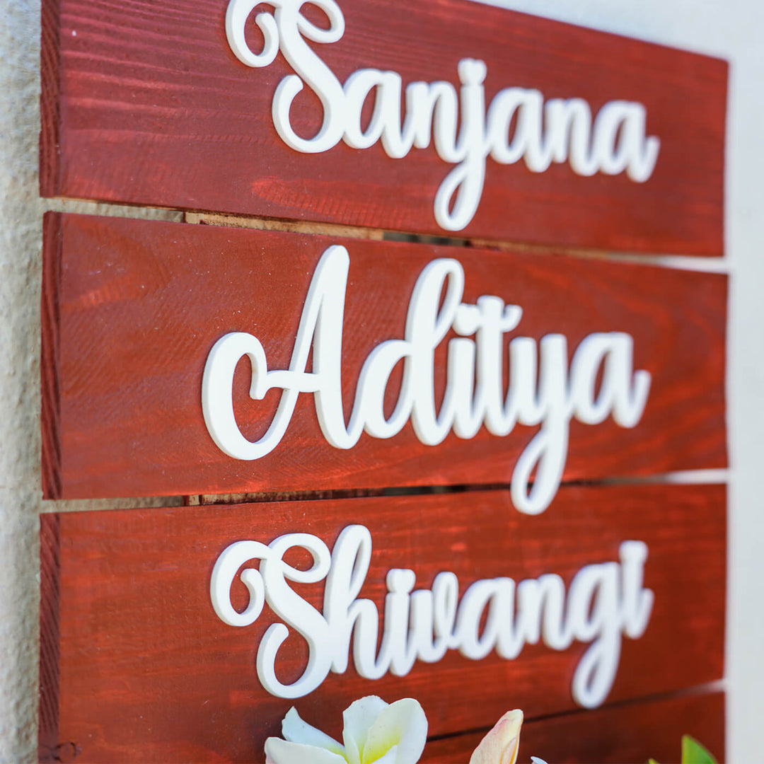 Handcrafted Planter Nameboard Three Names - Angled Side View with Name Personalization