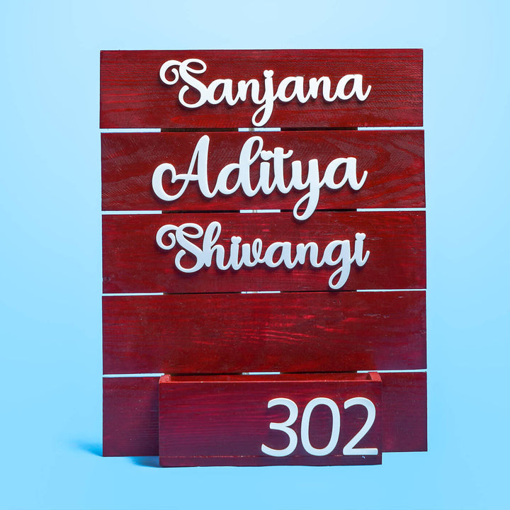 Handcrafted Planter Nameboard Three Names - Name Personalization Example with Number Plate