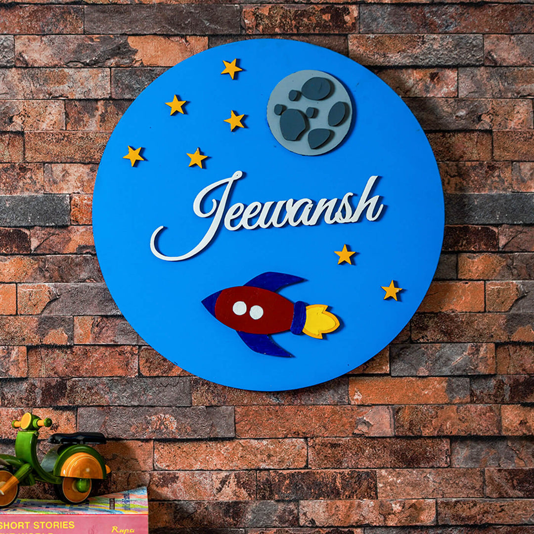 Painted Name Plate For Kids Moon Spaceship - Mounted on Brick Wall Display
