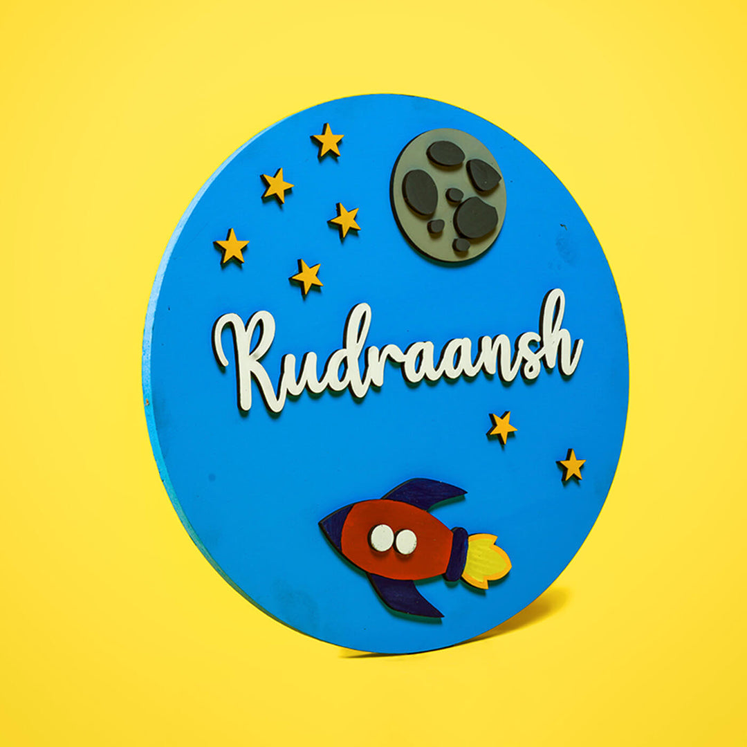 Painted Name Plate For Kids Moon Spaceship - Angled Front View with Personalization