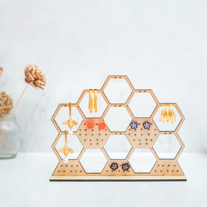 Handmade Wooden Geometric Hexagon Earrings Holder