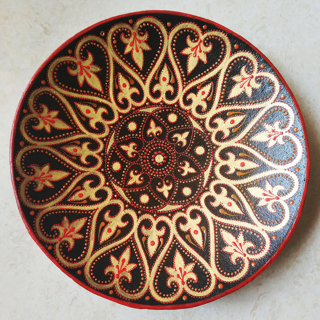 Handpainted Terracotta Mandala Wall Plate - Red, Gold & Black