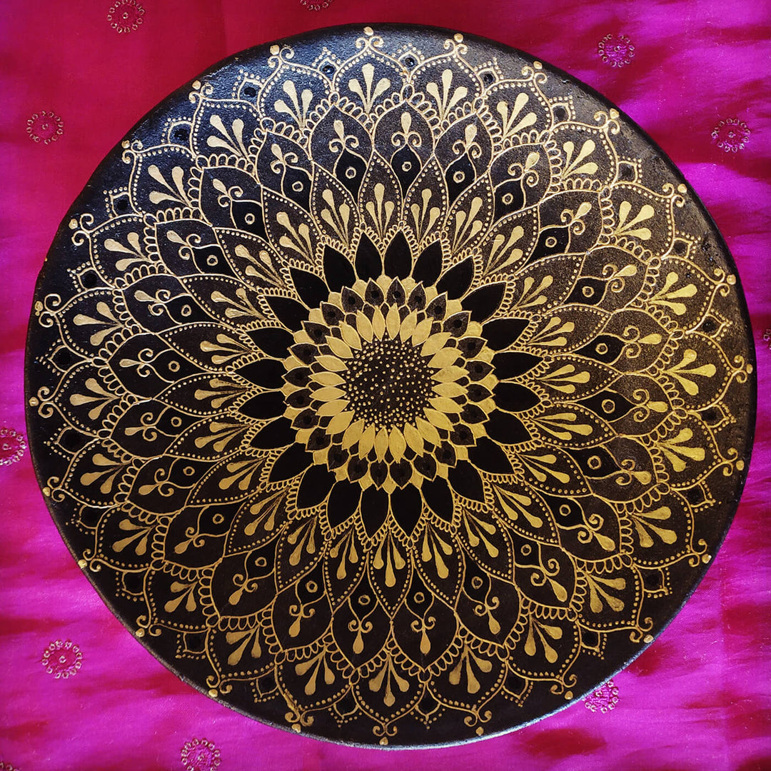 Handpainted Terracotta Mandala Wall Plate - Black & Gold