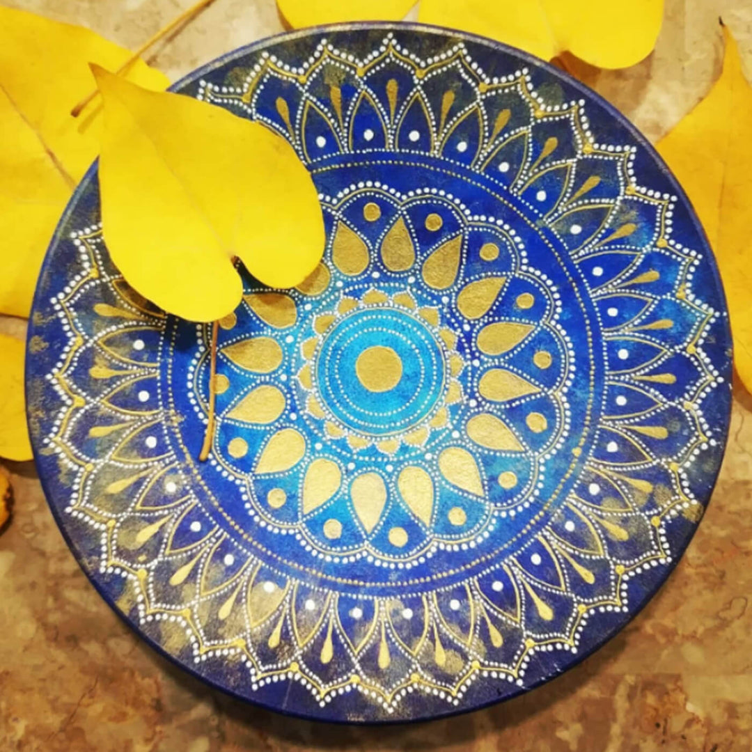 Handpainted Terracotta Mandala Wall Plate - Blue & Gold