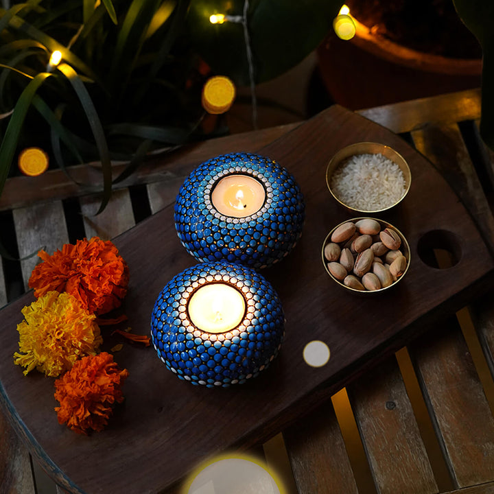 Mandala Art MDF Blue Round Tealights - Set of 2