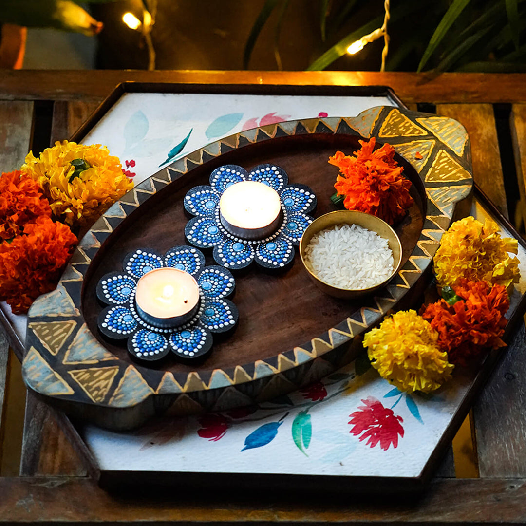 Handpainted Mandala Art MDF Flower-Shaped Tealights - Set of 2