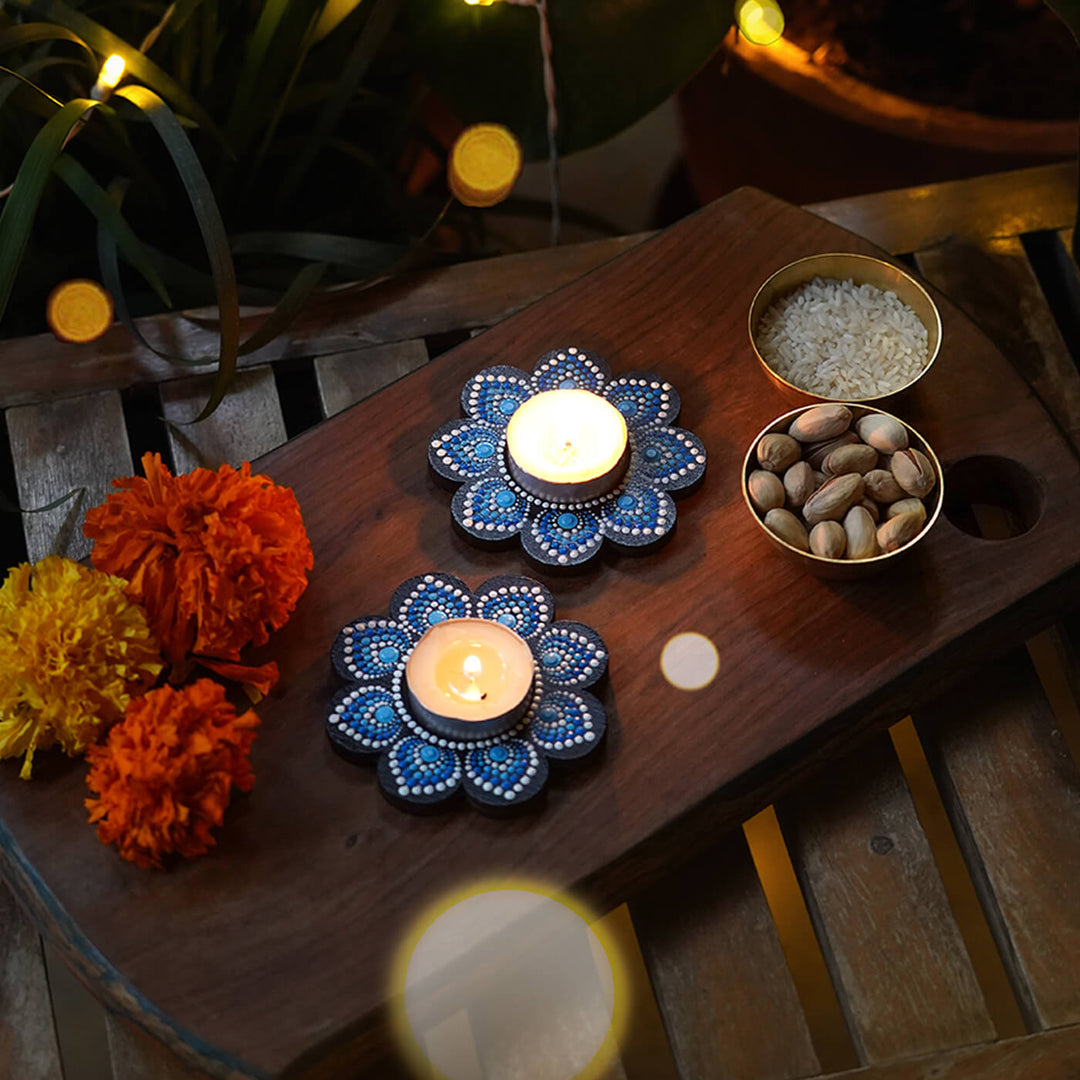 Handpainted Mandala Art MDF Flower-Shaped Tealights - Set of 2