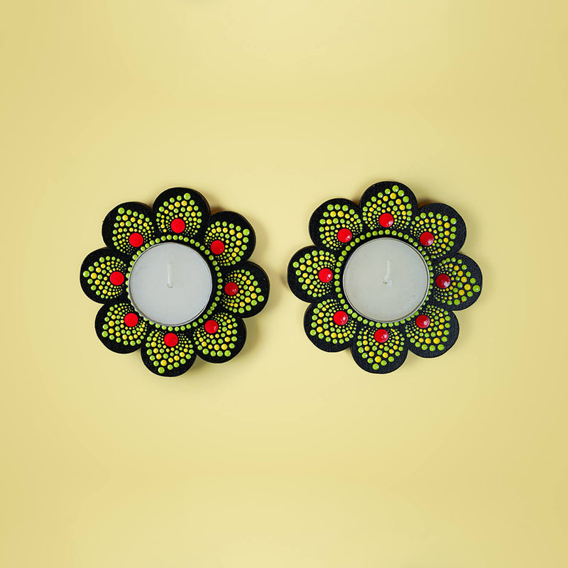 Handpainted Mandala Art MDF Flower-Shaped Tealights - Set of 2