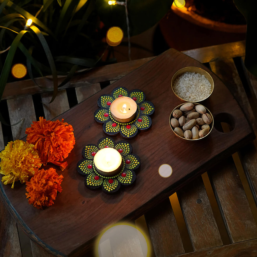 Handpainted Mandala Art MDF Flower-Shaped Tealights - Set of 2