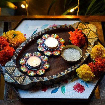 Flower-Shaped MDF Mandala Art Tealights - Set of 2