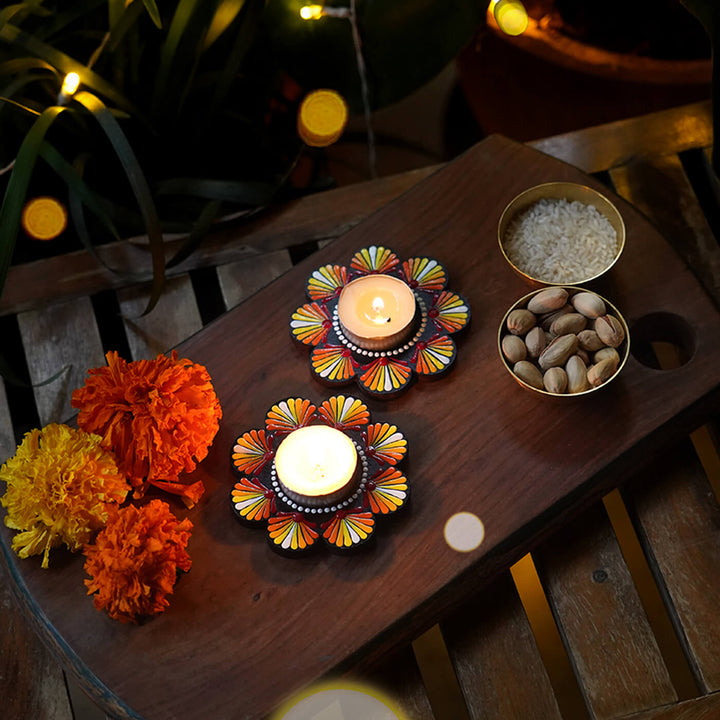 Handpainted Mandala Art MDF Flower-Shaped Tealights - Set of 2