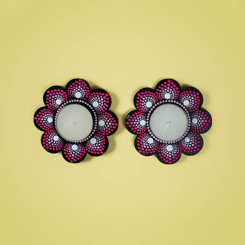 Flower-Shaped MDF Mandala Art Tealights - Set of 2