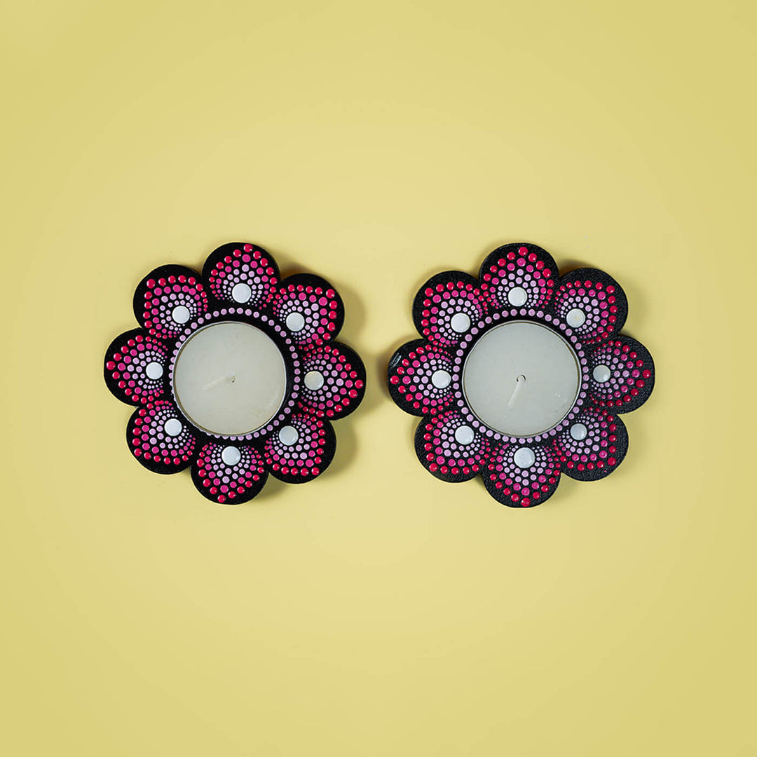 Mandala Art MDF Flower-Shaped Traditional Tealights - Set of 2