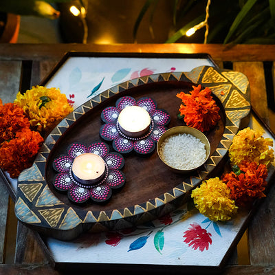 Flower-Shaped MDF Mandala Art Tealights - Set of 2