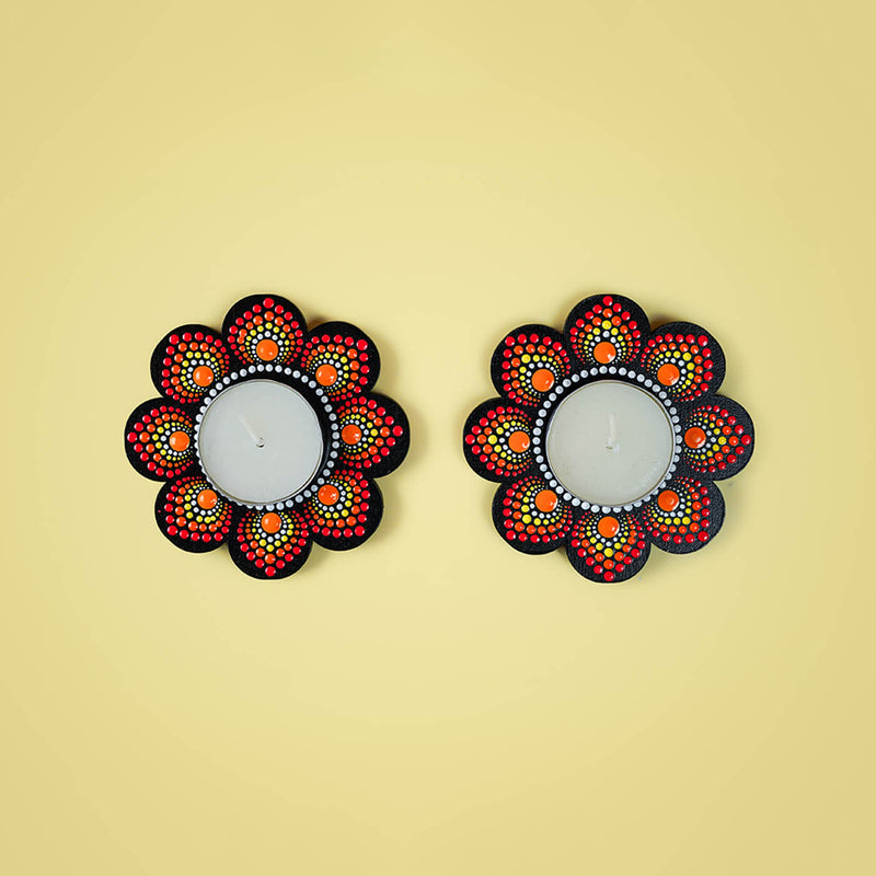 Flower-Shaped MDF Mandala Art Tealights - Set of 2