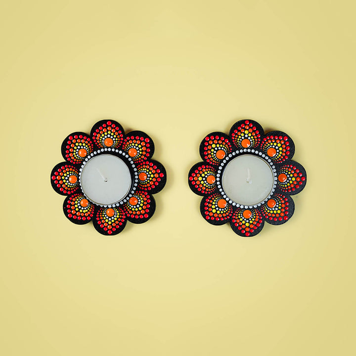 Handpainted Mandala Art MDF Flower-Shaped Tealights - Set of 2