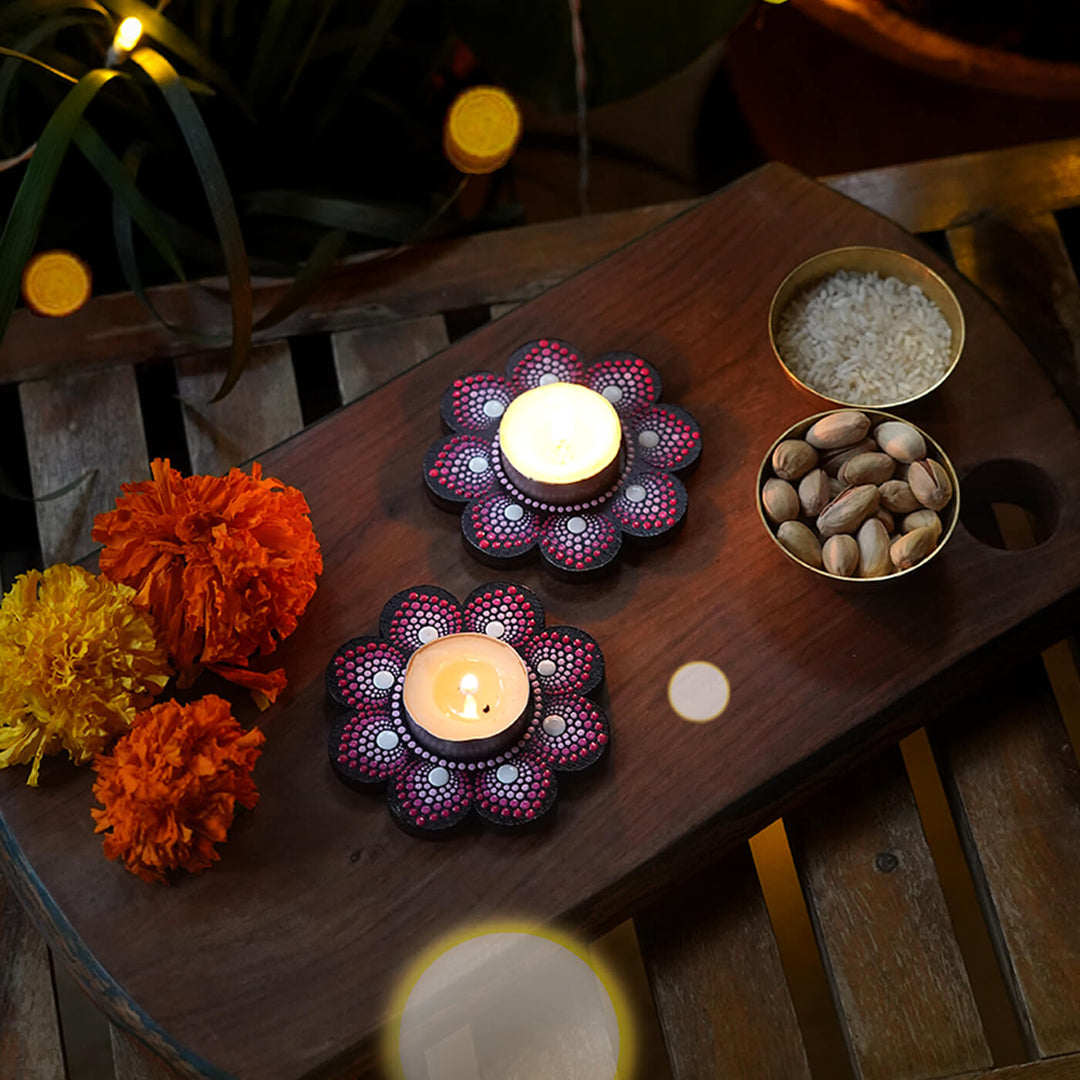 Handpainted Mandala Art MDF Flower-Shaped Tealights - Set of 2