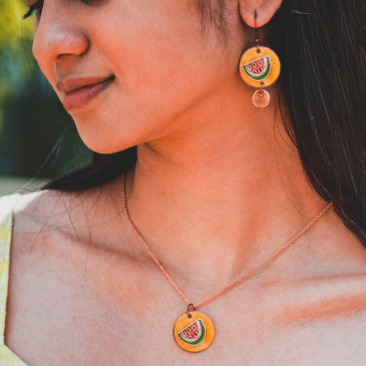 Handmade Copper Enamelled Tarbooz Earrings and Necklace