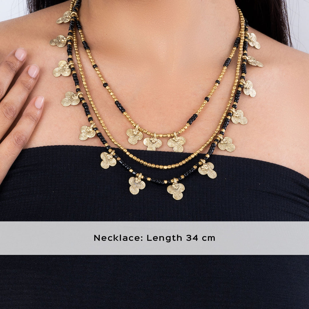 Contemporary Handmade Floral Dokra Charms Multi Layered Necklace - Black