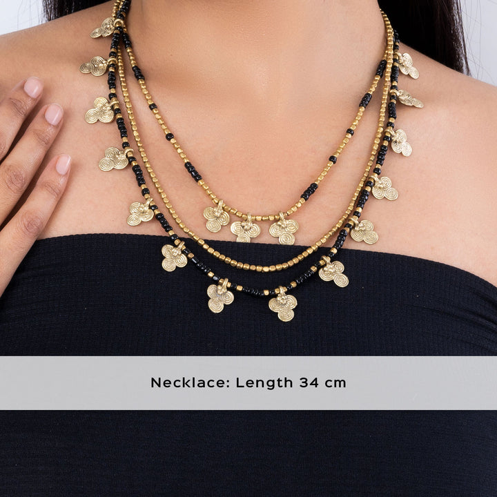 Contemporary Handmade Floral Dokra Charms Multi Layered Necklace - Black