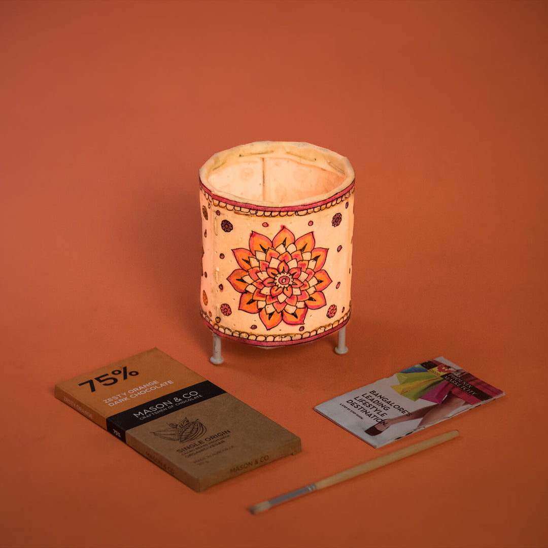 Floral Hand Painted Parchment Leather Tholu Bommalata Tealight Lamp | 4 inches