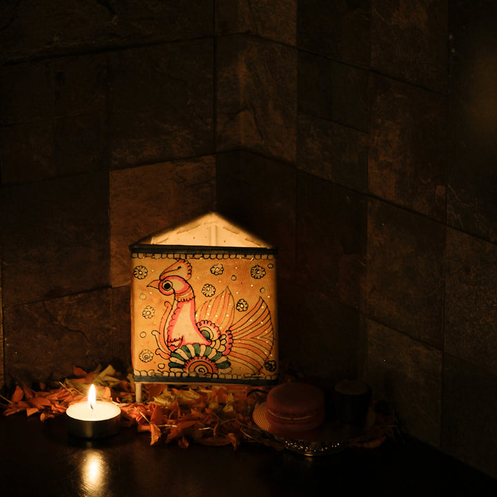 Yellow Peacock Hand Painted Parchment Leather Tholu Bommalata Tealight Lamp | 4 inches