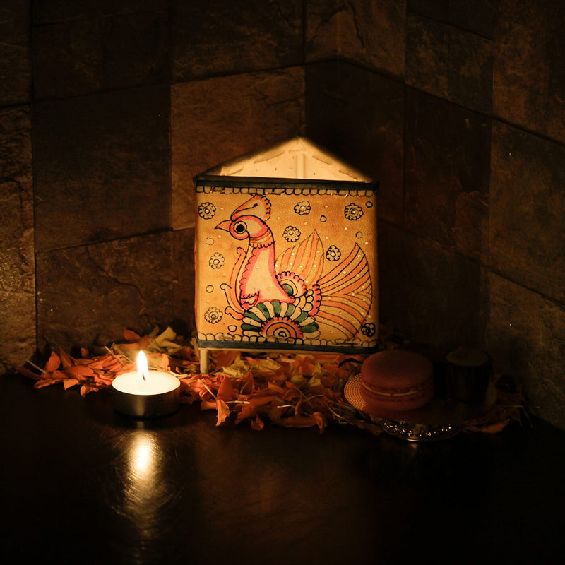 Yellow Peacock Hand Painted Parchment Leather Tholu Bommalata Tealight Lamp | 4 inches