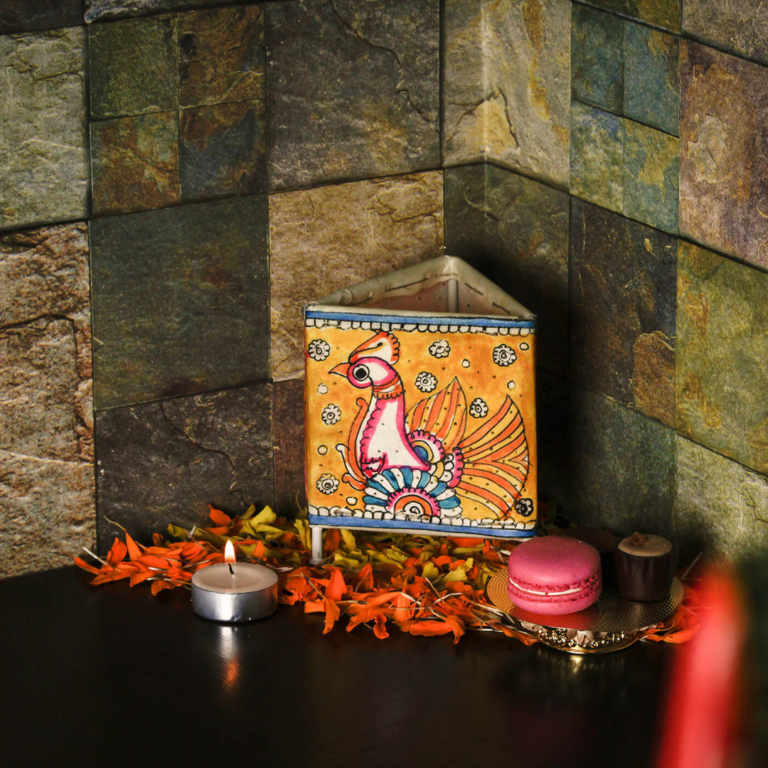 Yellow Peacock Hand Painted Parchment Leather Tholu Bommalata Tealight Lamp | 4 inches