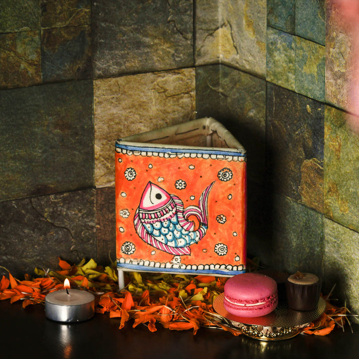 Hand Painted Orange Fish Tholu Bommalata Tealight Lamp | 4 inches