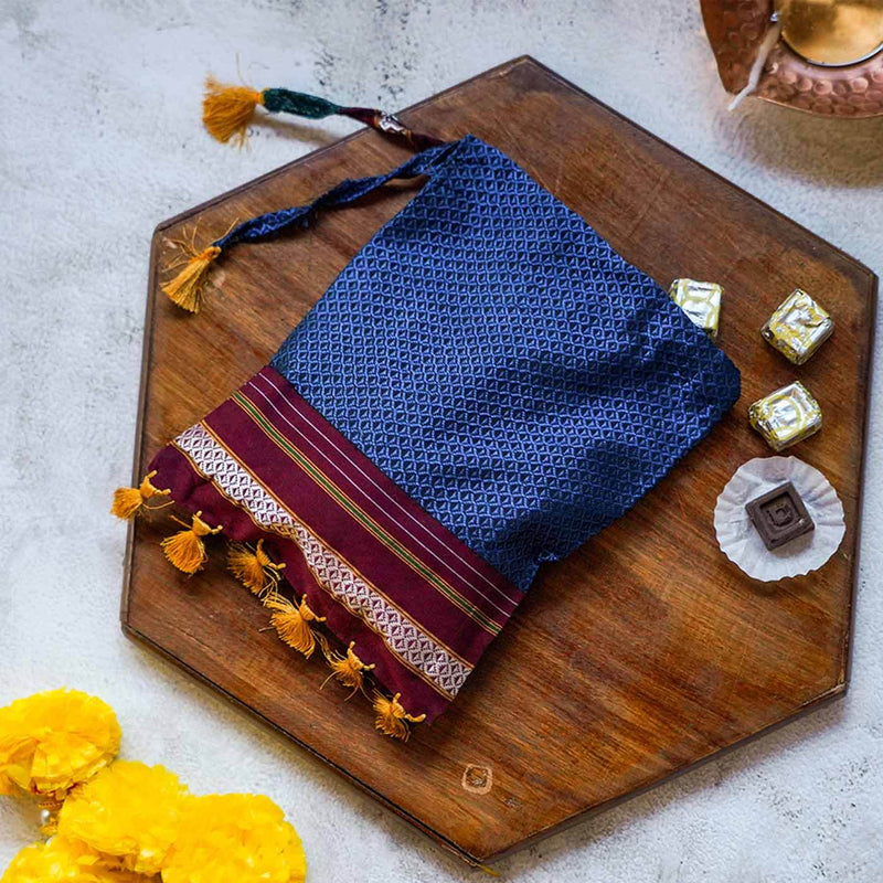 Handstitched Khun Potli with Tassels - Blue & Red