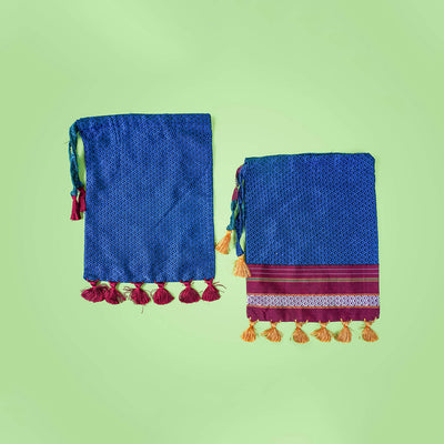 Blue Handstitched Khun Potli with Tassels - Set of 2