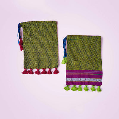 Green Handstitched Khun Potli with Tassels - Set of 2