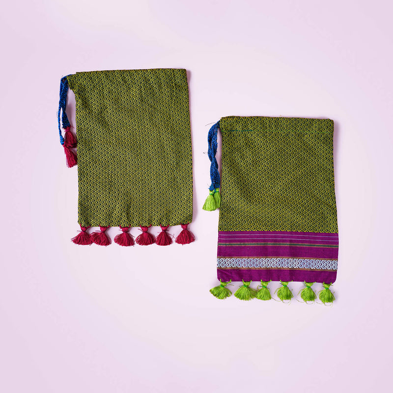 Green Handstitched Khun Potli with Tassels - Set of 2
