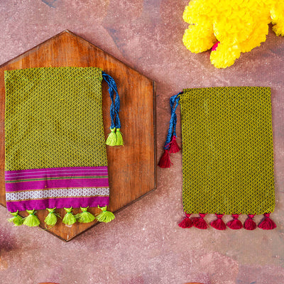 Green Handstitched Khun Potli with Tassels - Set of 2