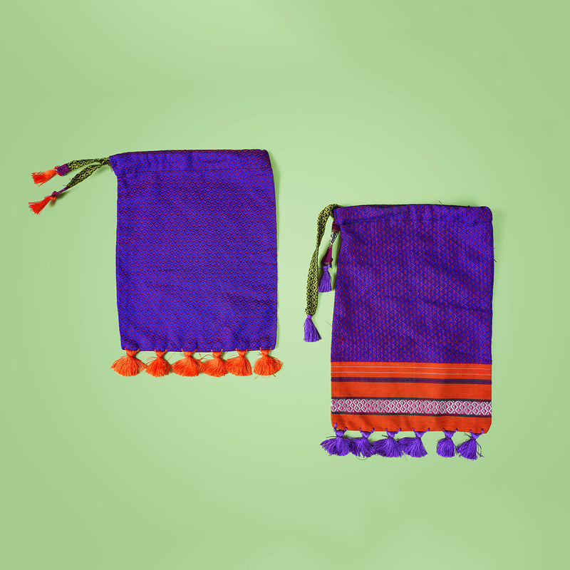 Violet Handstitched Khun Potli with Tassels - Set of 2
