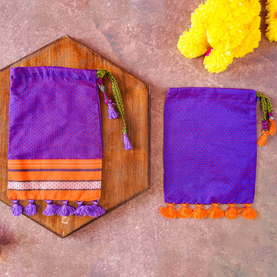 Violet Handstitched Khun Potli with Tassels - Set of 2