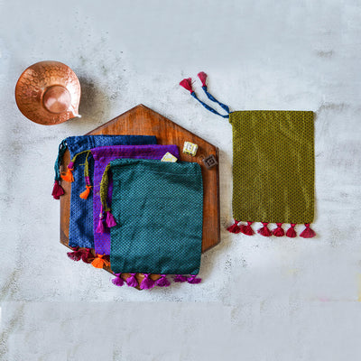 Plain Handstitched Khun Potli with Tassels - Set of 4