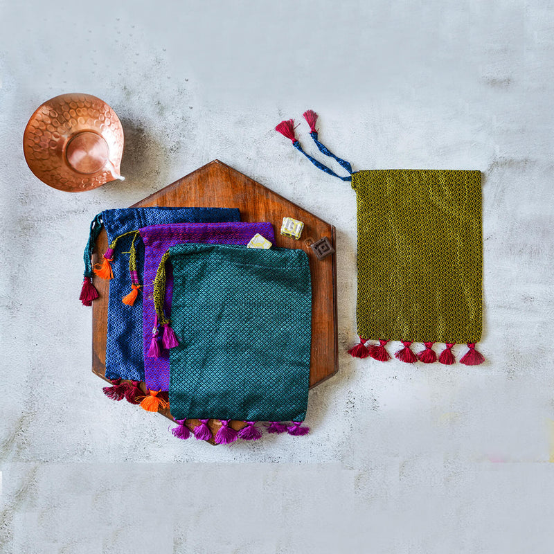 Plain Handstitched Khun Potli with Tassels - Set of 4