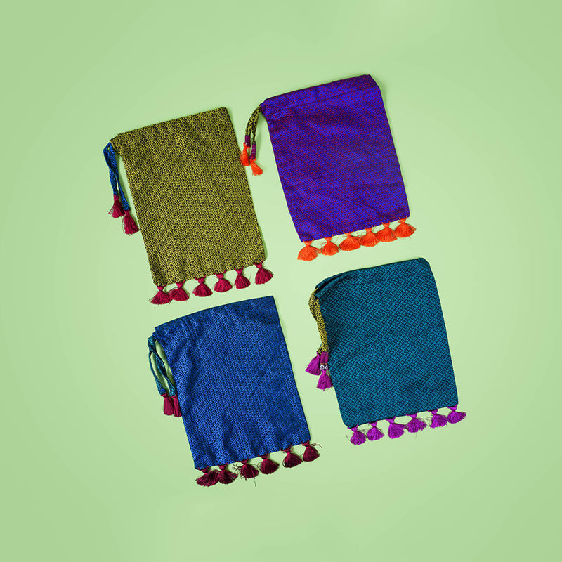 Plain Handstitched Khun Potli with Tassels - Set of 4