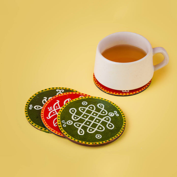 Red & Green Handpainted MDF Round Kolam Tile cum Coaster