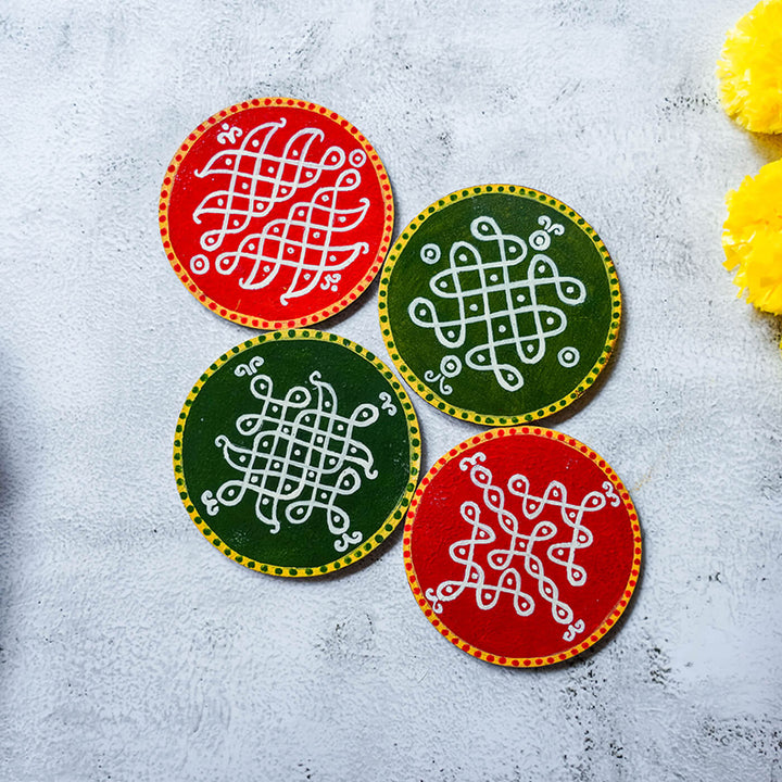 Red & Green Handpainted MDF Round Kolam Tile cum Coaster