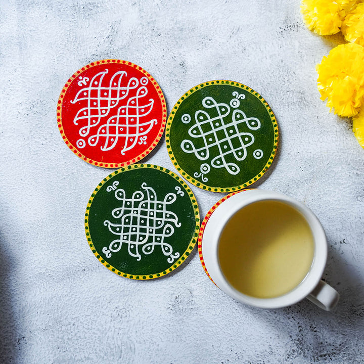 Red & Green Handpainted MDF Round Kolam Tile cum Coaster