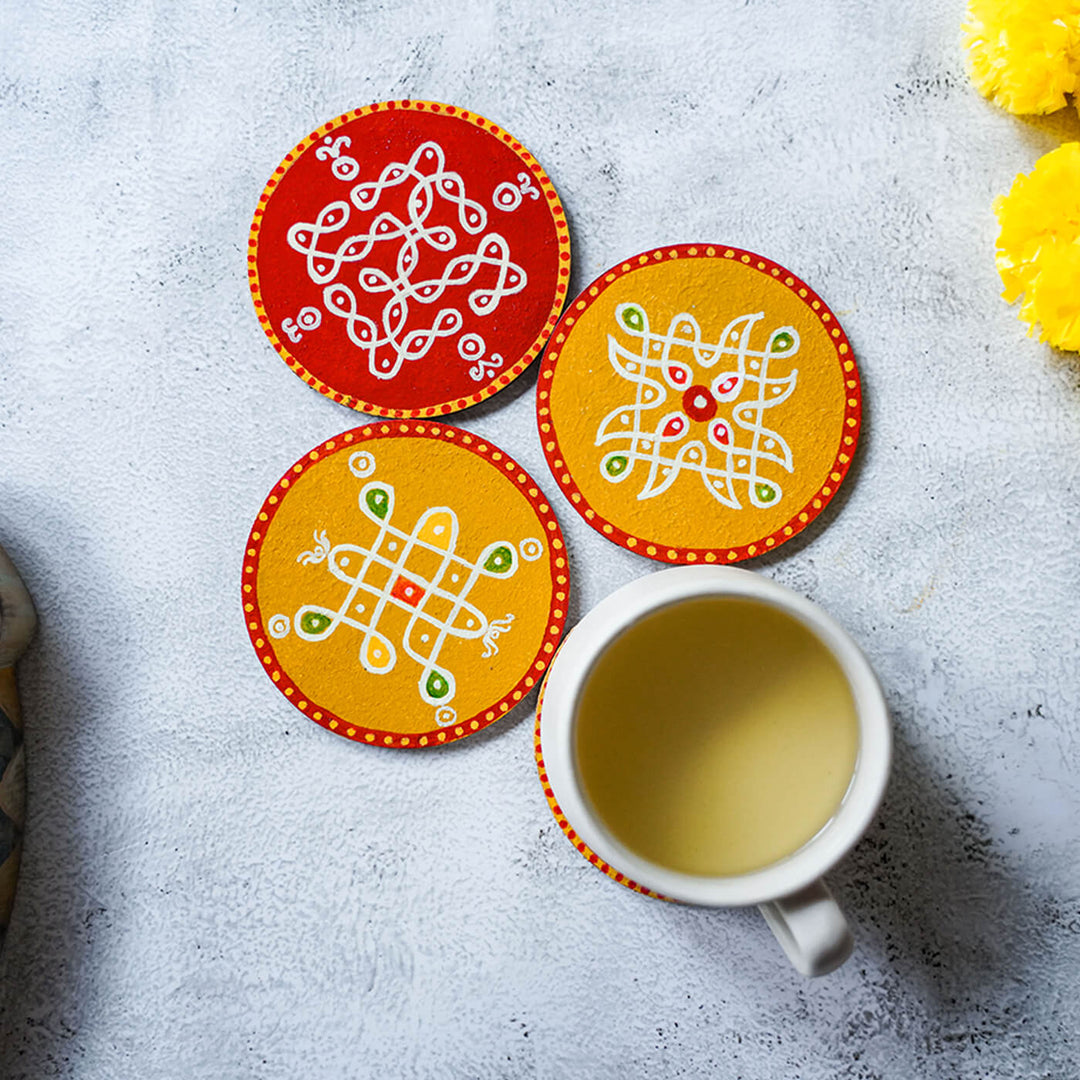 Red & Yellow Handpainted MDF Round Kolam Tile cum Coaster - Set of 4