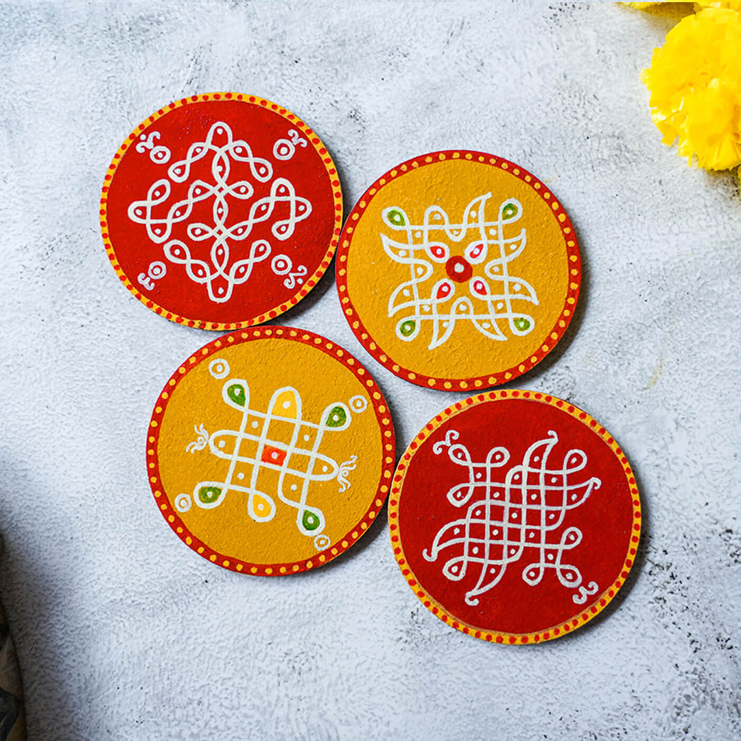 Red & Yellow Handpainted MDF Round Kolam Tile cum Coaster - Set of 4