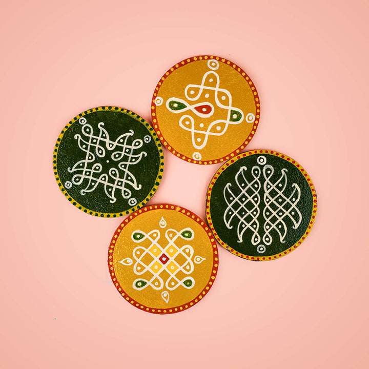 Yellow & Green Handpainted MDF Round Kolam Tile cum Coaster - Set of 4