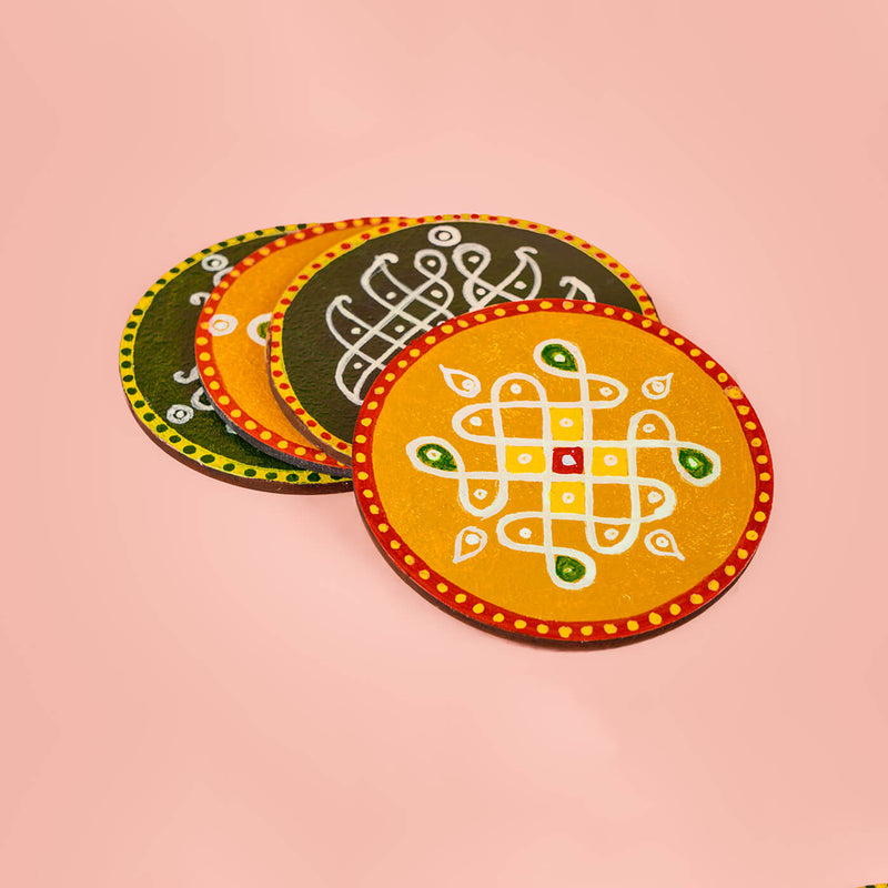 Yellow & Green Handpainted MDF Round Kolam Tile cum Coaster - Set of 4