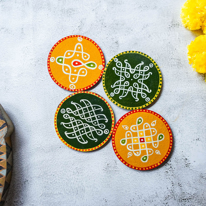 Yellow & Green Handpainted MDF Round Kolam Tile cum Coaster - Set of 4